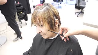 ANTI AGE HAIRCUT OVER 70  SHORT BLONDE PIXIE BOB CUT WITH BANGS [upl. by Gelhar]