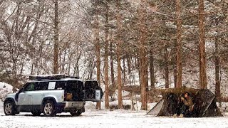 HOT TRUCK  HOT TENT WINTER CAMP WITH LAND ROVER DEFENDER [upl. by Itnavart]