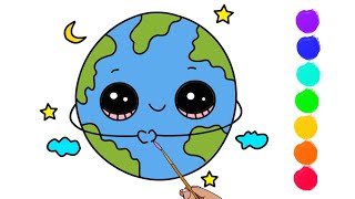 How to Draw and Color a Kawaii Earth for Kids  Toddlers Art Studio [upl. by Johiah]