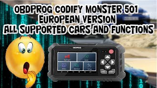 OBDPROG CODIFY MONSTER 501  EUROPEAN VERSION  ALL SUPPORTED CARS AND FUNCTIONS [upl. by Acebber]