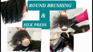 ROUND BRUSHING ON CURLY HAIR AND SILK PRESS saunisexhairtv shellyarellahairtv [upl. by Utham15]