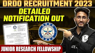 DRDO Recruitment 2023  Detailed Notification Out  Junior Research Fellowship JRF [upl. by Twyla]