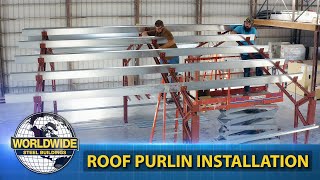 Steel Building Roof Purlin Install  How To DIY Steel Building [upl. by Eixirt928]