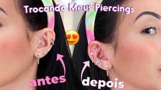 TROCANDO MEUS PIERCINGS DA ORELHA TRAGUS HELIX FLAT CONCH [upl. by Nidya]