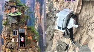 Villagers living on cliffs  Most dangerous cliff way to the village  Chinese Cliff Village [upl. by Auoh]