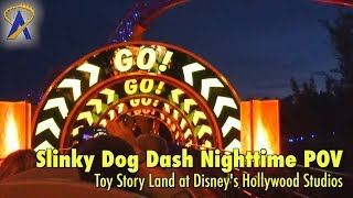 Slinky Dog Dash Roller Coaster FULL Nighttime POV in Toy Story Land [upl. by Nnairrek]