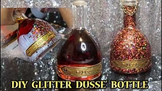 DIY GLITTER COGNAC DUSSE GLAM PARTY BOTTLE  HOW TO APPLY GLITTER TO GLASS WITH MOD PODGE GLUE [upl. by Rai]