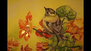 Kinglets on nasturtium Silk art Батик quotКорольки на настурцииquot [upl. by Lellih]