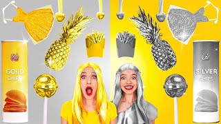 GOLD vs SILVER FOOD  Eating One Color Food for 24 HRS Funny Recipes by 123 GO FOOD [upl. by Onateag]