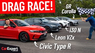 Drag race Corolla v Civic v i30 v Leon Forward AND reverse race [upl. by Novek458]