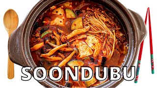 SOONDUBU JJIGAEㅣKOREAN SPICY TOFU SOUPㅣVEGAN RECIPEㅣ버섯 순두부찌개 [upl. by Etterb]