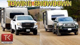 Toyota Tacoma vs GMC Canyon  Which Midsize Pickup Pulls this Travel Trailer Best [upl. by Serle862]