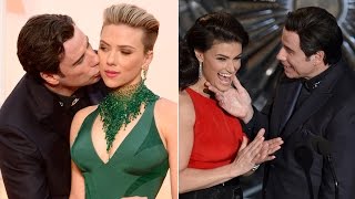 John Travolta gets awkward with Scarlett Johansson Idina Menzel at Oscars 2015 [upl. by Ainocal588]