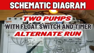 SCHEMATIC DIAGRAM  ALTERNATE RUN OF TWO PUMPS WITH FLOAT SWITCH AND TIMER [upl. by Eirollam]