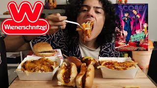 WEINERSCHNITZEL MUKBANG  A Night at the Roxbury  Movie Talk [upl. by Nolrah492]