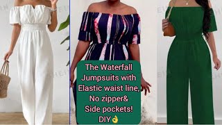 How to make an offshoulder jumpsuit with elastic waist line side pockets and no zipper👌 cutampSew [upl. by Olnay599]