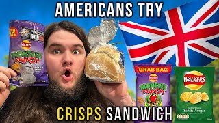 Americans try UK Crisp Sandwich British Food [upl. by Hgielsa566]