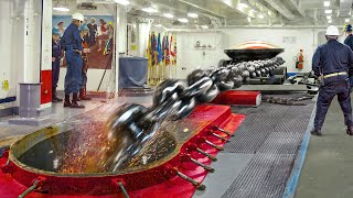 US Navy Dropping Massive Anchor Chain to Stop a Moving Aircraft Carrier [upl. by Aliakim]