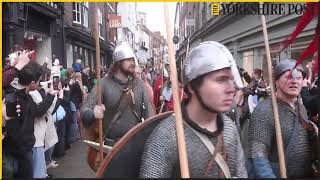 Jorvik Viking Festival 2024 350 Viking warriors and civilians marching from York Minster to Copperg [upl. by Januisz467]