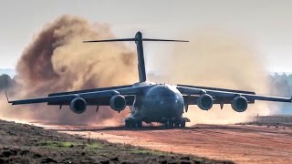 C17 Dirt Airstrip Landing amp Takeoff Unloads AH64 [upl. by Suirred366]