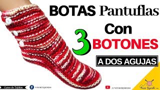 Botas Pantuflas con 3 Botones a Dos Agujas o Palitos  Tejidos a 2 agujas o palillos [upl. by Ahsikcin791]