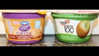 Dannon Light amp Fit Caramel Apple Pie amp Yoplait Greek 100 Caramel Apple Yogurt Comparison [upl. by Xonel]