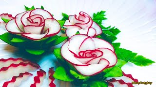 The Beauty Of Rose Carving Garnish Best Vegetable For Flower Design  Red Radish amp Cucumber [upl. by Akkina]