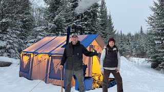 Hot Tent Camping with My WIFE for the FIRST Time in a Winter Snow Storm [upl. by Akined]