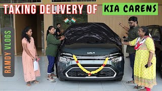 Taking Delivery of New Car Kia Carens Prestige Plus 15 L D MT  Pewter Olive Green  Happy Family [upl. by Ahsitaf823]