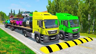 Double Flatbed Trailer Truck vs Speedbumps Train vs Cars  Tractor vs Train BeamngDrive 050 [upl. by Lennie]