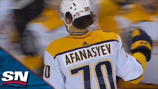 Predators Egor Afanasyev Scores First NHL Goal Off Misplay By Flames Jacob Markstrom [upl. by Ahsats527]