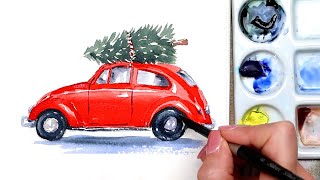 Painting A Festive Vw Bug With A Christmas Tree  Stepbystep Watercolor Tutorial [upl. by Nanine]