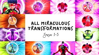 MIRACULOUS  💫 ALL TRANSFORMATIONS  Season 1 to 5 ☯️  Tales of Ladybug and Cat Noir [upl. by Rothmuller]