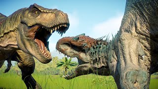 100 x INDOMINUS REX vs 100 x TYRANNOSAURUS REX DINOSAUR BATTLE  Jurassic World Evolution 2 [upl. by Rochester]