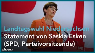 Wahl in Niedersachsen SPDChefin Saskia Esken zum Wahlsieg von Stephan Weil am 091022 [upl. by Gnuh]