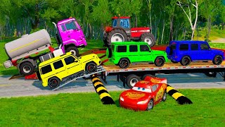 TRANSPORTING PIXAR CARS amp FRUITS WITH COLORED amp JOHN DEERE vs CLAAS vs TRACTORS  BeamNGdrive 983 [upl. by Tarra]