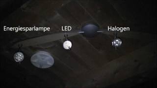 Helligkeitsvergleich von drei GU10 Lampen Halogen LED und Energiesparlampe [upl. by Nahtanha]