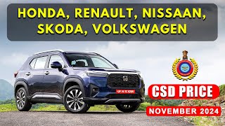 Honda Skoda Volkswagen Renault Nissan CSD Price November 2024  Kwid Honda elevate Kiger [upl. by Desirae]