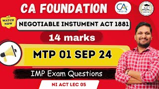 Negotiable Instrument Act  CA Foundation Law  MTP 01 Sep 24  IMP EXAM QUESTION cafoundation [upl. by Kalb]