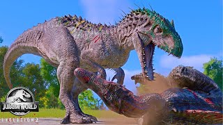 INDOMINUS REX vs SPINOSAURUS amp CARCHARODONTOSAURUS Fighting in Jurassic World Evolution 2 [upl. by Yasnil]