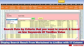 Display Search results in ListBox with more than 10 Column  17 Column  in excel VBA [upl. by Acined489]