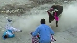 Bullfight gone wrong Ten people injured in Peru [upl. by Egdirdle]