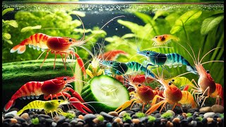 Relaxing Video of Colorful Neocaridina Shrimp Feasting on Cucumber in Aquarium [upl. by Yhtomiht]