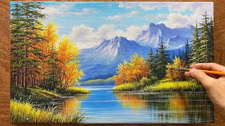 How to draw mountain and forest landscapes  Acrylic  Art painting  A Lu Art [upl. by Therese]