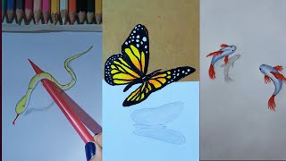 Butterfly 3D drawing Snake 3D drawing Fish 3D drawing drawing art pencil 3d [upl. by Enneibaf]