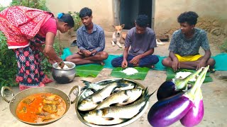 SMALL FISH curry with BRINJAL cooking in traditional method by tribe family l Village life [upl. by Kennith]