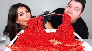 EXTREME TAKIS FUEGO FIRE NOODLES • Mukbang amp Recipe [upl. by Chaunce]