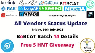 Helium Hotspots All Vendors Update 30th July 2021  Bobcat Batch 14 [upl. by Watts]