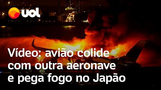 Japão vídeo mostra colisão entre avião com 379 passageiros e aeronave militar em Tóquio [upl. by Kev]