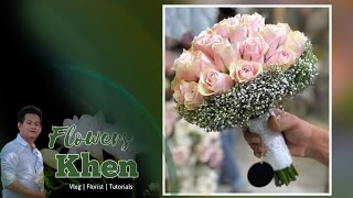 HOW TO MAKE EASY BRIDAL BOUQUET  FRESH FLOWER LIGHT PINK ROSES AND WHITE GYPSOPHILA [upl. by Alon]